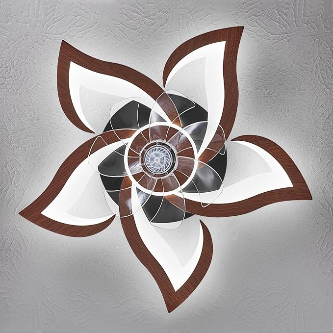 HuixuTe 24" Wood Geometric Ceiling Fan with Lights Remote Control, Low Profile Ceiling Fan with Light for Kitchen Bedroom Living Room