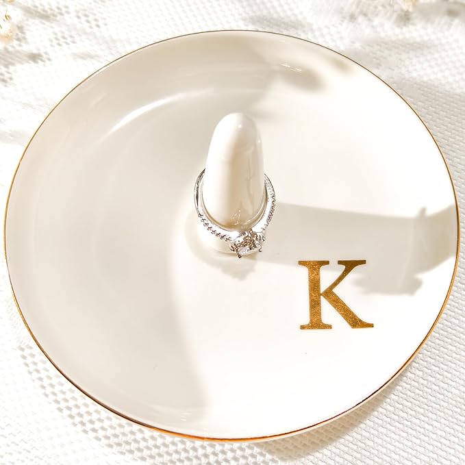 Ceramic Initials Jewelry Tray Ring Dish With Personalized K-Monogrammed Engagement Wedding Gifts, for Birthday Mother's Day for Women, Ceramic White 4.7" x2.4"