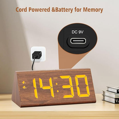 Wooden Digital Alarm Clock with Dual USB Charging Ports, DST, Dimmable, Snooze, Modern Large Time Display LED Clock for Kids Bedrooms, Living Room, Desk, Table, Bedside, Nightstand (Brown)