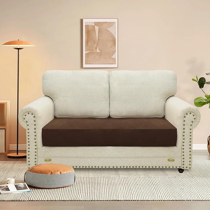 MAXIJIN Velvet Stretch Couch Cushion Covers Soft Loveseat Cushion Cover Replacement Sofa Seat Cushion Slipcovers RV Protector with Elastic Bottom (1 Piece Loveseat Cushion Cover, Dark Coffee)