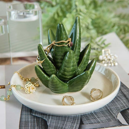 Aloe Ring Holder Dish, Ceramic Jewelry Tray Trinket Dish for Necklace Keychain Organizer, Cute Funny Birthday Wedding Mothers Day Gift for Women Friends Girls