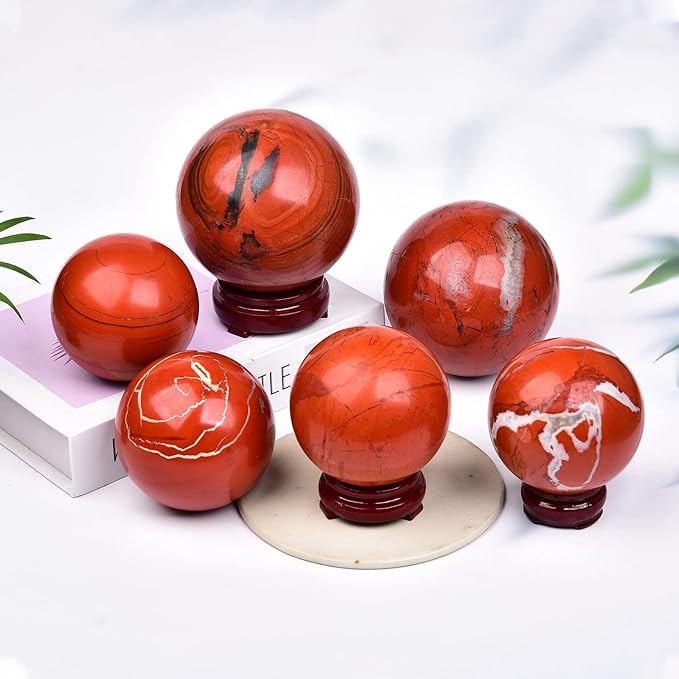 JIC Gem Natural Red Jasper Healing Crystal Ball Divination Gemstone Sphere Red Crystal Feng Shui Reiki Aura Home Desk Decor (60-70mm)