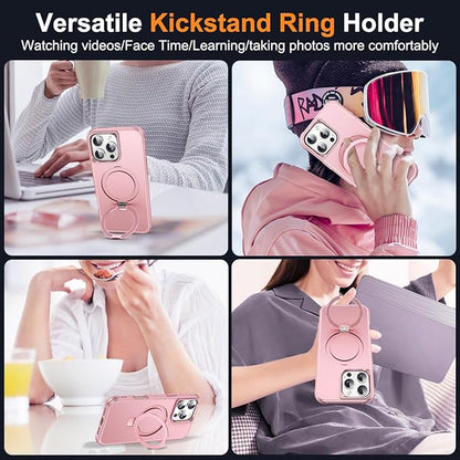 Compatible with iPhone 16 Pro Max Case with Invisible Magnetic O-Ring Stand Military-Grade Case for iPhone 16 ProMax 6.9" [Compatible with Mag-Safe][Great Grip Feeling], Rose Gold