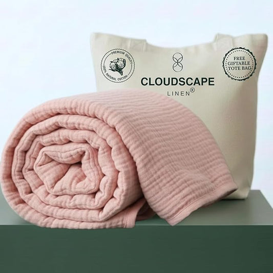 Luxury 100% Cotton Muslin Blanket Twin Size, 4 Layer 68x90 Fits Upto TwinXL Bed, Soft Cotton Gauze Quilt, Layering Winter Blankets for Bed, All Season Seashell Pink Bedding