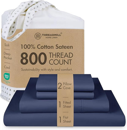 Threadmill Luxury 800 Thread Count King 100% Cotton Sheets - Folkstone Blue Sateen Weave Bed-Sheets, Better Than Egyptian Cotton, 4 Pc Solid Soft Bed Set, Fits 16" Deep Pocket