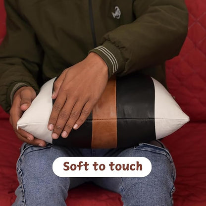 Genuine Lambskin Leather Pillow Cover, 16x16 Inch Case for Lumbar Throw Couch Pillows, Thick & Soft Cushion Covers for Sofa Bed Home Décor (White Black & Tan Pack of 2)