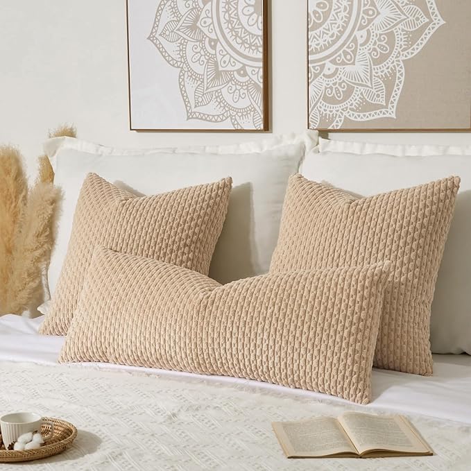 Kevin Textile 20x54 Inch Long Body Lumbar 1 Pack Boho Decorative Throw Pillow Cover Soft Striped Corduroy Rectangle Cushion Case Farmhouse Accent for Living Room Couch Sofa Bed, Light Beige