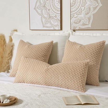 Kevin Textile 14x36 Inch Long Lumbar 1 Pack Boho Decorative Throw Pillow Cover Soft Striped Corduroy Rectangle Cushion Case Farmhouse Solid Color Accent for Living Room Couch Sofa Bed, Beige