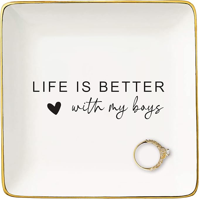 Mother's Day,Christmas Gifts for Mom,Happy Mom Life-Baby Gift Shower for Mommy-Boy Mother Present-Mama Appreciation Present-Ceramic Jewelry Tray Trinket Holder Ring Dish-Life Is Better With My Boys