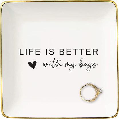 Mother's Day,Christmas Gifts for Mom,Happy Mom Life-Baby Gift Shower for Mommy-Boy Mother Present-Mama Appreciation Present-Ceramic Jewelry Tray Trinket Holder Ring Dish-Life Is Better With My Boys