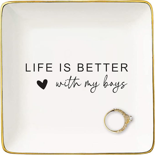 Mother's Day,Christmas Gifts for Mom,Happy Mom Life-Baby Gift Shower for Mommy-Boy Mother Present-Mama Appreciation Present-Ceramic Jewelry Tray Trinket Holder Ring Dish-Life Is Better With My Boys