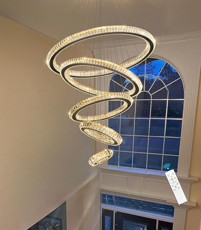 Modern Chandelier 8"+16"+24"+32"+40" 5 Rings Crystal LED Dimmable Lighting Foyer Entryway High Ceiling Living Room Chanderliers Pendant Lights Fixtures Black Light