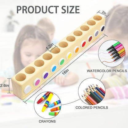 11-Hole Wooden Colored Pencil Organizer - Solid Montessori Storage Holder for Kids, Students, Artists & Teachers