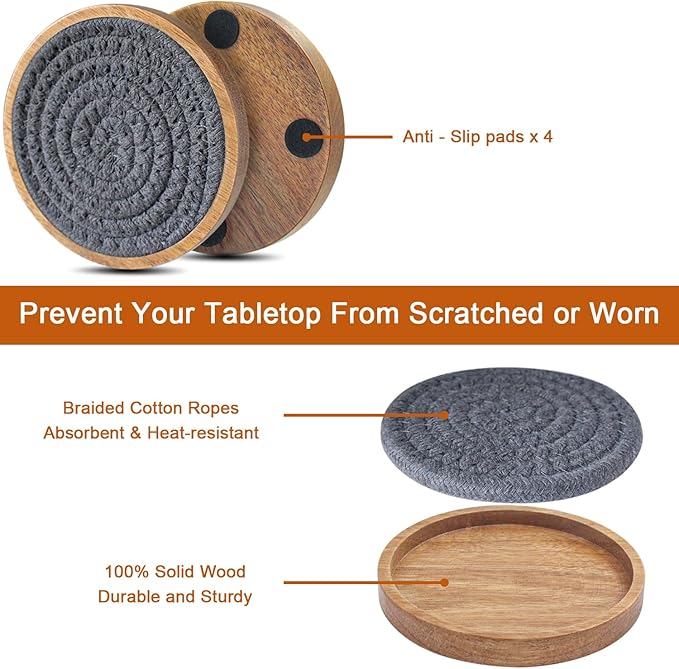 Coasters for Drinks Absorbent Sets of 8, Woven Coasters with Holder, Wood Coasters for Coffee Table, Housewarming Gift for Farmhouse Home Decor, 4 inches Gray