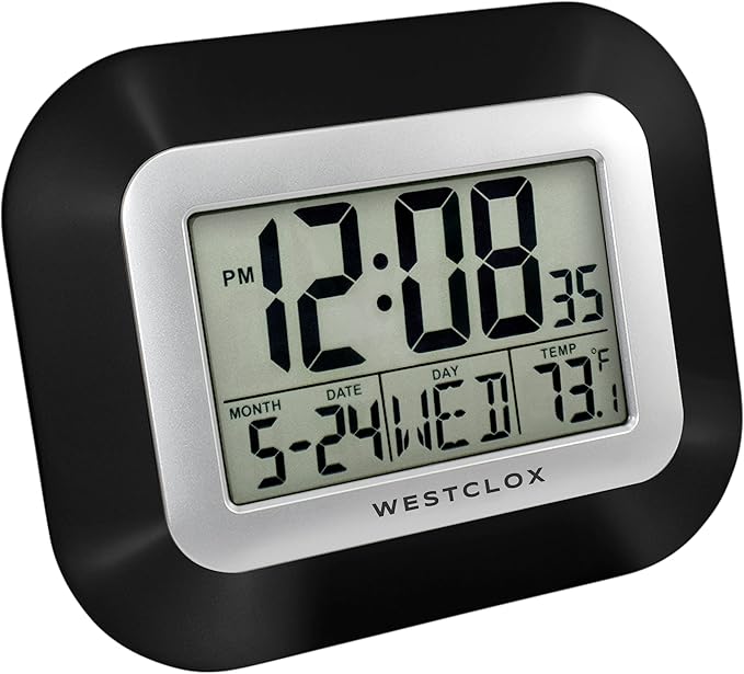 Westclox Large Digital Wall Clock Battery Operated with Temperature Date and Day of Week with Alarm | Modern Digital Desk Clock for Office Kitchen Bedroom or Living Room | Black