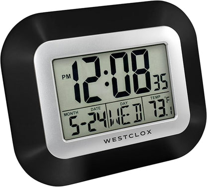Westclox Large Digital Wall Clock Battery Operated with Temperature Date and Day of Week with Alarm | Modern Digital Desk Clock for Office Kitchen Bedroom or Living Room | Black