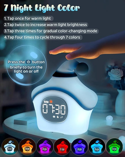 Star Alarm Clock with Night Light for Kids with Sleep Training and Sound Machine, Rechargeable Silicone Lamp OK to Wake Clock, Cute Animal Tabletop Lamp, Perfect Sleep Companion for Boys Girls, Blue