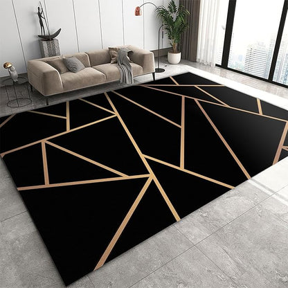 Nordic Black Gold Geometric Texture Area Rug, Abstract Golden Irregular Line Art Indoor Non-Slip Kids Rugs, Machine Washable Breathable Durable Carpet for Front Entrance Floor Decor,4 x 6ft