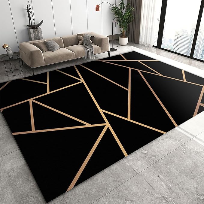 Nordic Black Gold Geometric Texture Area Rug, Abstract Golden Irregular Line Art Indoor Non-Slip Kids Rugs, Machine Washable Breathable Durable Carpet for Front Entrance Floor Decor,6 x 8ft