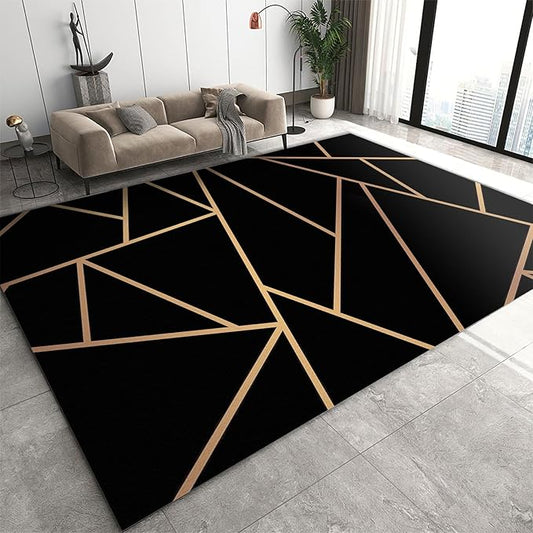 Nordic Black Gold Geometric Texture Area Rug, Abstract Golden Irregular Line Art Indoor Non-Slip Kids Rugs, Machine Washable Breathable Durable Carpet for Front Entrance Floor Decor,6 x 8ft