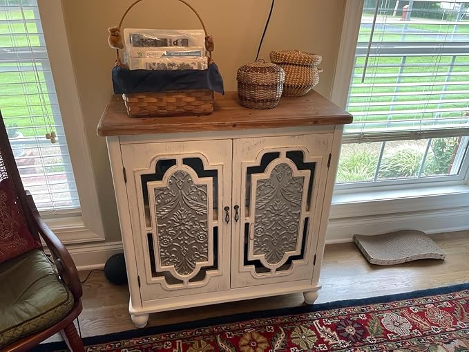 MAISON ARTS Accent Cabinet with 2 Doors, Farmhouse Decorative Storage Cabinet with Solid Wood Frame & Legs for Living Room Entryway Small Sideboard Buffet Cabinet, Metal Embossing Pattern