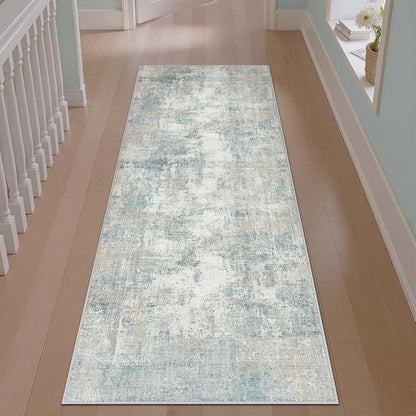2x6 Washable Runner Rug Blue Cream Abstract Hallway Kitchen Throw Rug Neutral Modern Non Slip Soft Low Pile Lightweight Carpet for Bathroom Laundry Bedroom Living Room
