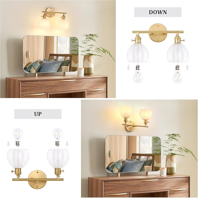 Bathroom Light Fixtures, 2-Light Brass Vanity Wall Light Over Mirror with White Tulip Glass Shade for Bedroom Living Room (Bulb Not Included)