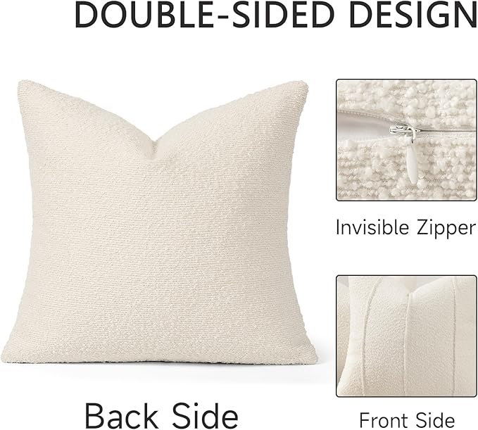 YCOLL Textured Boucle Throw Pillow Covers 22x22 Pack of 2 - Soft Neutral Striped Cushion Covers, Cozy Accent Decorative Pillow Covers for Couch, Sofa, Bed, Living Room (Ivory)