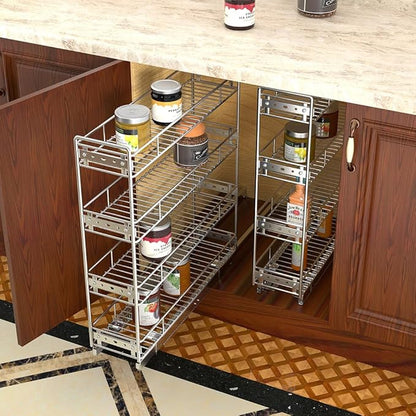 OCG 4-Tier Pull Out Kitchen Cabinet Spice Rack Holder Shelves (8" W x 21" D), Slide Out Slim Storage Wire Baskets for Storage Organization, Narrow Slide Out Storage for Narrow Space