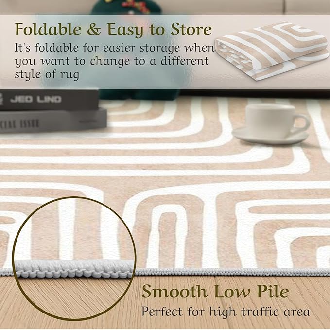 Yellow White Striped Abstract Boho Area Rug, Cream Brown Nordic Rainbow Print Large Rugs, Machine Washable Breathable Durable Carpet for Room Sofa Living Room Mat Bedroom Home Decor,5 x 6ft