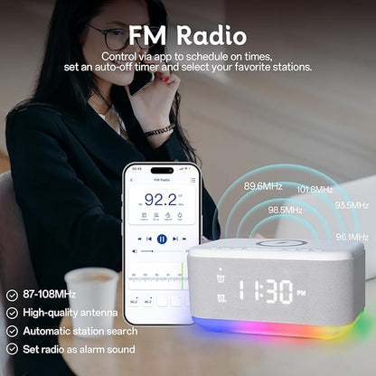Bluetooth Alarm Clock Radio Bedroom, Digital Dual Alarm Clock Bedroom, Up to 10 Alarms Clock Night Light Speaker App/Button Control FM Charge Snooze Adjustable Volume Dim 12/24H, White