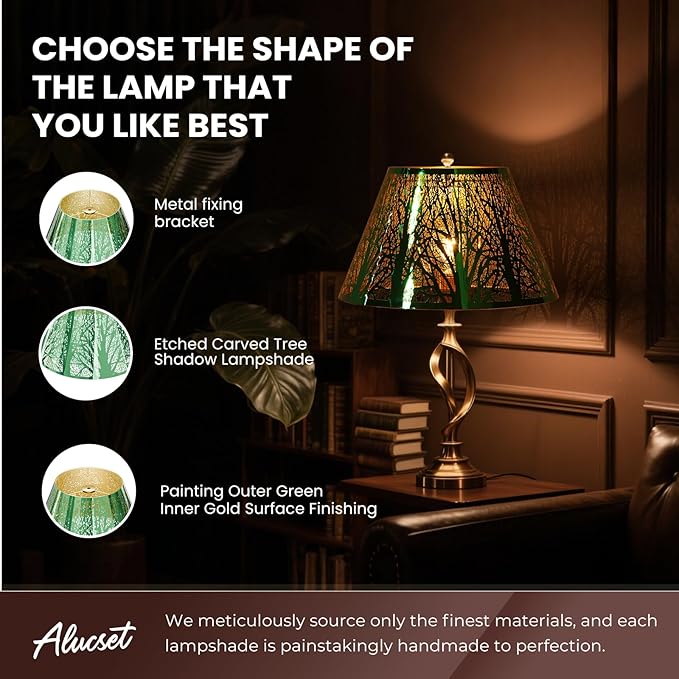 Stainless Steel Lamp Shade, ALUCSET Barrel Lampshade for Table Lamps, Metal Lamp Shade 7" Top x 13" Bottom x 7.8" High(Spider), Green Mirror Finshed Exterior Gold-plated Interior Replacement Shade