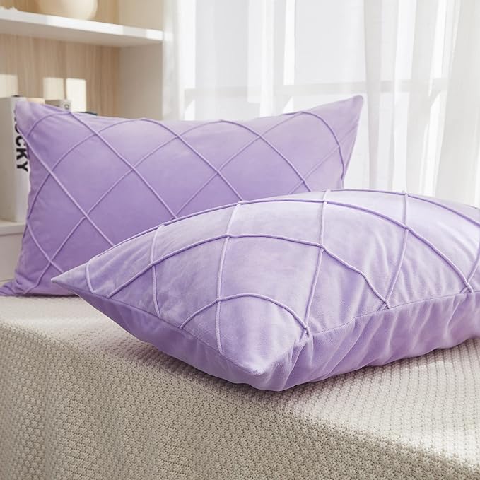 JAUXIO Diamond Pinch Pleated Crystal Velvet Pillowcases 2 Pack Solid Pintuck Throw Cushion Cover for Home Decor Hidden Zipper Closure (Lilac, Standard)