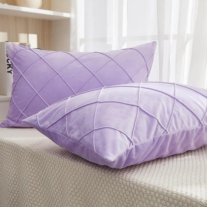 JAUXIO Diamond Pinch Pleated Crystal Velvet Pillowcases 2 Pack Solid Pintuck Throw Cushion Cover for Home Decor Hidden Zipper Closure (Lilac, Standard)
