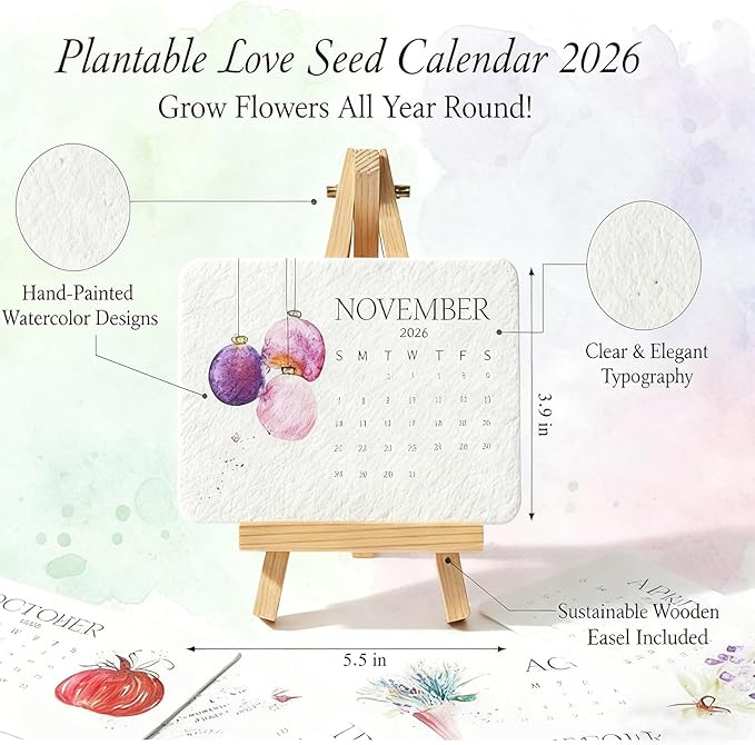 2PC Plantable Seed Calendar 2026, Eco-Friendly Plantable Love Seed Calendar 2026, Perfect Modern Greening Calendars Planner, Month Biodegradable Paper Planner, for Garden and Decor