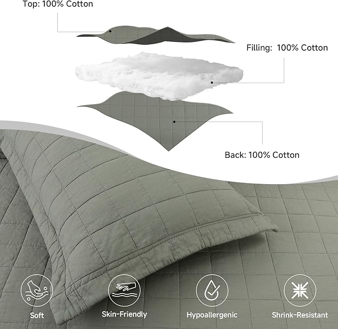 Quilt Oversized King Size Bedding Sets, 100% Cotton Lightweight Luxury Comforter Set, Oversized Extra Wide Stitching Bedspreads Coverlets with 2 Pillowcase Suitable for All Season, Green