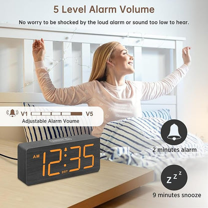 DreamSky Wooden Digital Alarm Clock for Bedroom - Loud Alarm Clock for Heavy Sleepers with Volume Control, Desk Clocks for Living Room with Large Numbers, Dimmer, DST, Wood Decor (Plug in Clock)