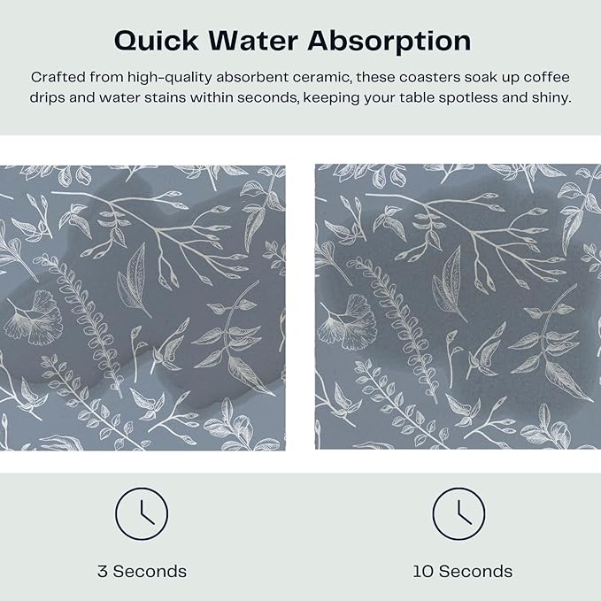 Set of 6 Floral Dusty Blue Coasters with Holder, Absorbent Ceramic Drink Coasters with Cork Backing for Table Protection, Coffee Table Décor