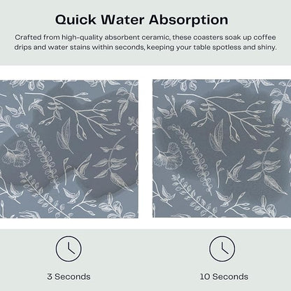 Set of 6 Floral Dusty Blue Coasters with Holder, Absorbent Ceramic Drink Coasters with Cork Backing for Table Protection, Coffee Table Décor
