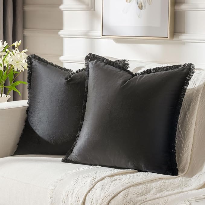 FUTEI Black Velvet Decorative Throw Pillow Covers 20x20 Set of 2,Soft Cozy Edge with Tassels Cushion Case,Boho Modern Home Decor for Couch Bed Living Room