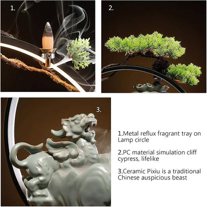 Waterfall Fountain Indoor with Mist, Tabletop Water Fountain,Desk Chinese Ceramic Pixiu Statue with LED Light Ring and Backflow Incense Burner Holder