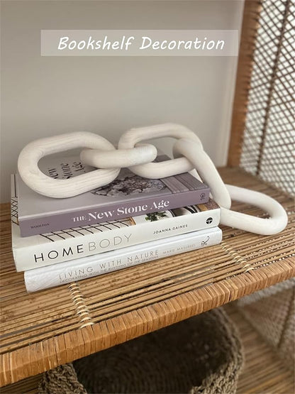 Wood Chain Link Decor - 18.9 Inch Length, 5-Link Boho Decor for Living Room, Farmhouse, Coffee Table (White)
