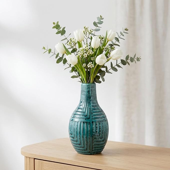 hjn Teal Hand-Glazed Ceramic Vase - 9.4" H Modern Decorative Centerpiece Vase for Fresh/Dried Flowers, Home Decor for Living Room Bookshelf Mantel | Wedding Housewarming Gift