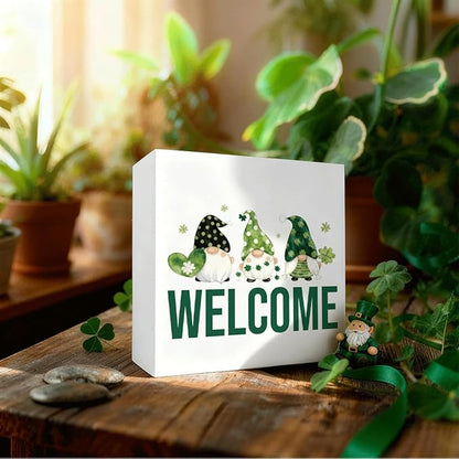 St. Patrick's Day Welcome Decor Wooden Box Sign, Irish Gnome Tabletop Welcome Sign for Home Entryway Shelf Desk, Cute Farmhouse Holiday Wooden Decoration for Irish Theme Home 5 x 5 Inches