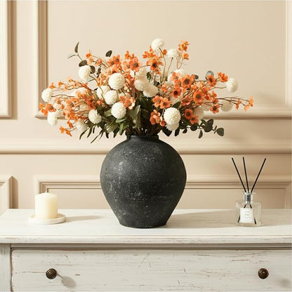 Handmade Large Rustic Ceramic Vase 10.6 inches Tall, Farmhouse Stone Decor, Big Black Round Vase Living Room Home Decor, Earthy Textured Large Vases for Centerpieces Console Table