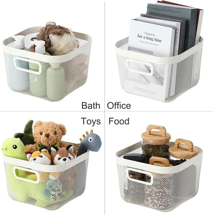 4 Pack Metal Mesh Steel Basket with Hollow Handles Square Wire Mesh Open Bin Fruit Storage Basket for Kitchen Bathroom Picnic Shopping Cabinet Home Items (Large,White)