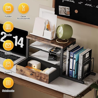 Wood Desk Organizer with Drawers, Desk File Organizer with 3 Vertical File Holders, File Shelf,Storage for Mail, Supplies,Classroom Organization