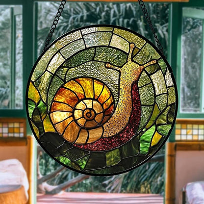 Stained Glass Window Hanging, Green Orange Snail Sun Catcher for Door Home Decor Suncatcher Christmas Mother's Day Birthday Gifts for Women Men Mom and Nana 15 in