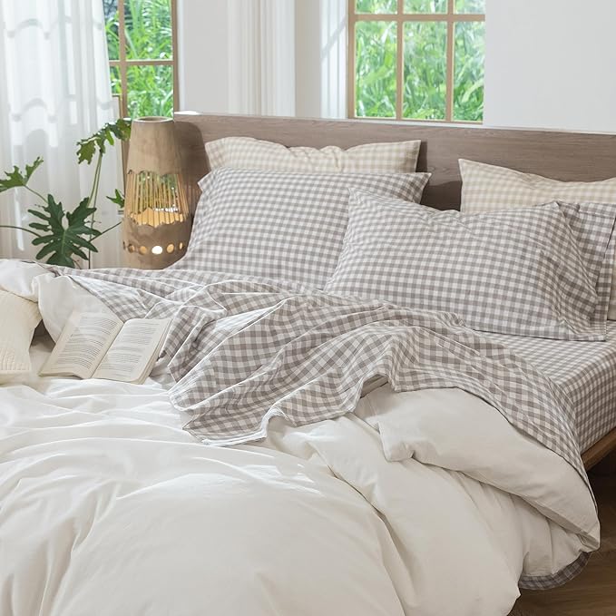MooMee Gingham Sheet Set 100% Washed Cotton Linen Like Textured Breathable Soft w/Fully Elasticized 16-19" Deep Pocket (Classic Gingham Tannish Linen Grey, King)
