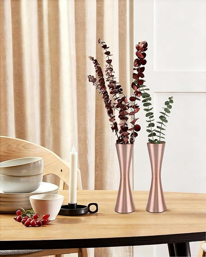 Vixdonos 6.7 inch Brass-Toned Metal Vase Small Flower Vase Set of 2 Modern Decorative Vase for Home Decor, Wedding or Gift(Rose Gold)